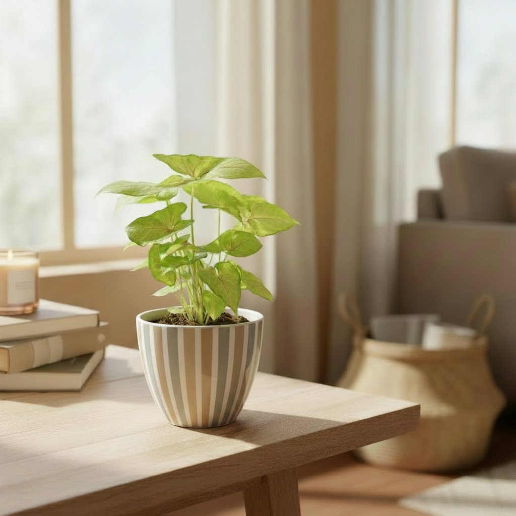 A small green houseplant in a beige and white vertically striped ceramic pot, placed on a light wood table in a softly lit living room.